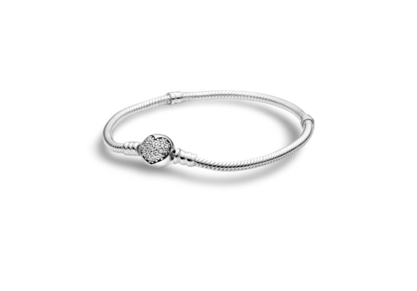 925 Sterling Silver Glittering Heart Clasp Snake Chain Bracelet