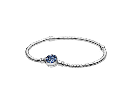 925 Sterling Silver Sparkling Blue Gems Clasp Snake Chain Bracelet