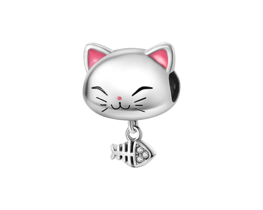 925 Sterling Silver Cat & Bone Charm