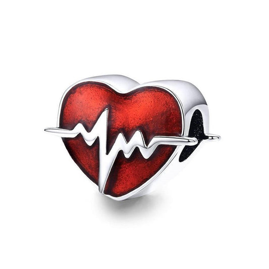 925 Sterling Silver Red Heartbeat Charm