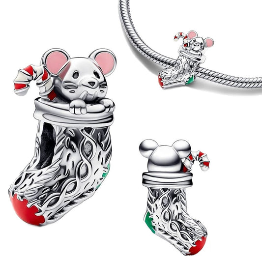925 Sterling Silver Cute Mouse In a Stocking Charm